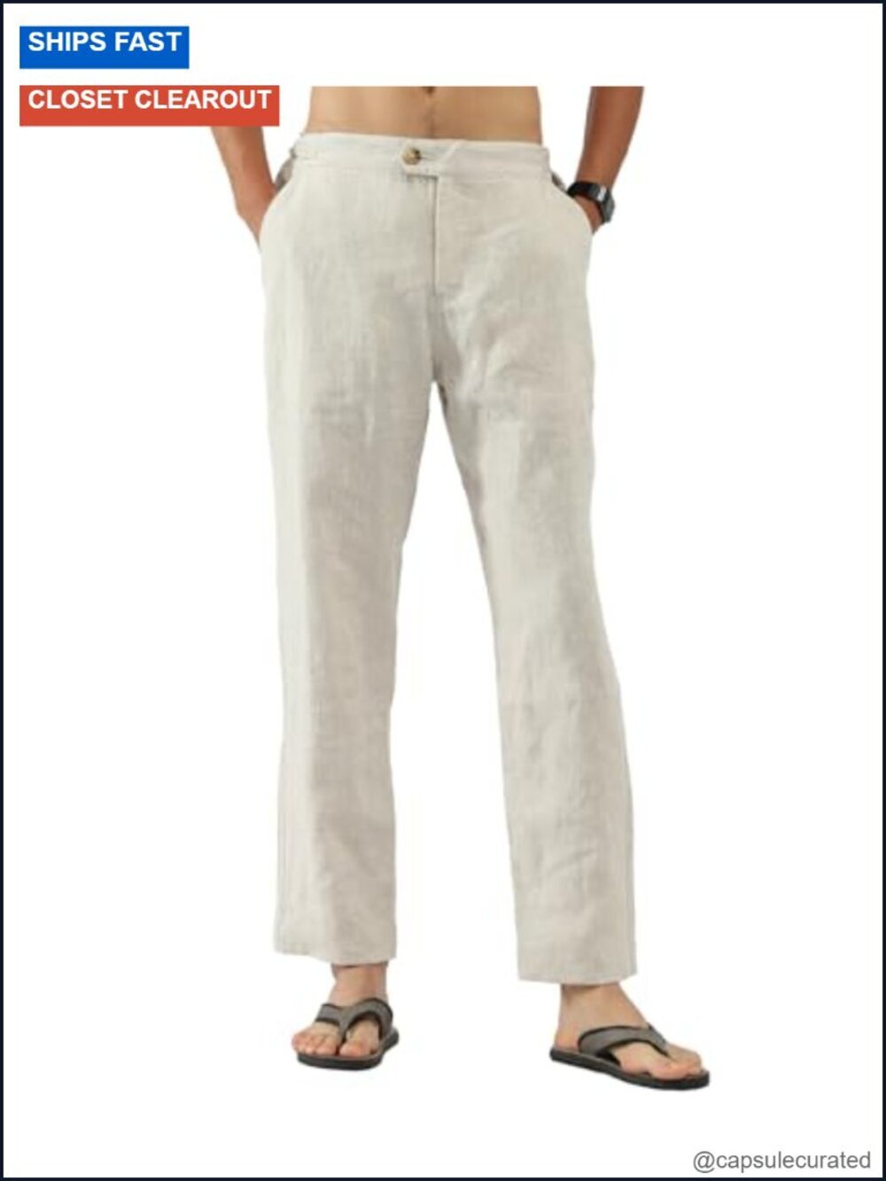 100% Linen Pants with Adjustable Side Tabs Tapered Leg Trousers